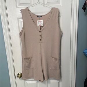 Tan Sleeveless Ribbed Top Romper with Pockets